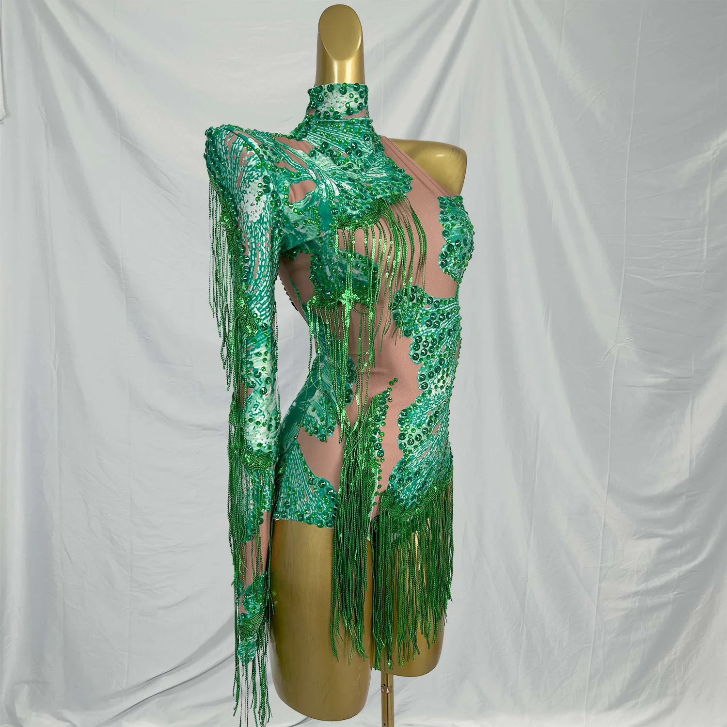 Kombinezon damski z jednym rękawem, frędzlami i dżetami, strój na karnawał, imprezę, festiwal, kostium sceniczny, body.