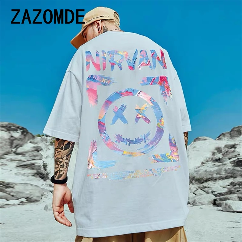 Мужская футболка ZAZOMDE, новая уличная одежда в стиле хип-хоп, хлопковая Футболка с мультяшным принтом, летняя забавная футболка с круглым вырезом, модная свободная футболка большого размера