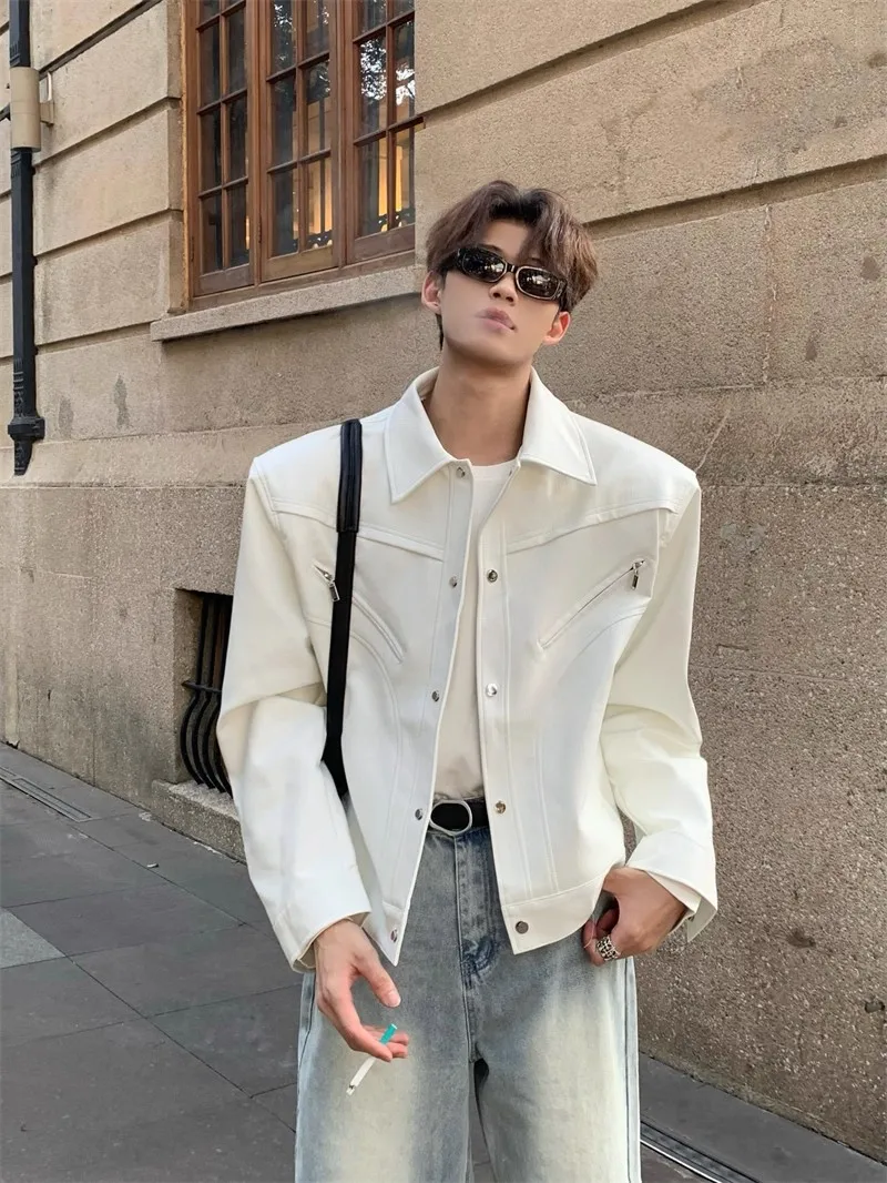 

American Sle Retro Leather Jaet Men's Loose Casual Versatile Collar up Jaet Top for Autumn Season Trendy Brand