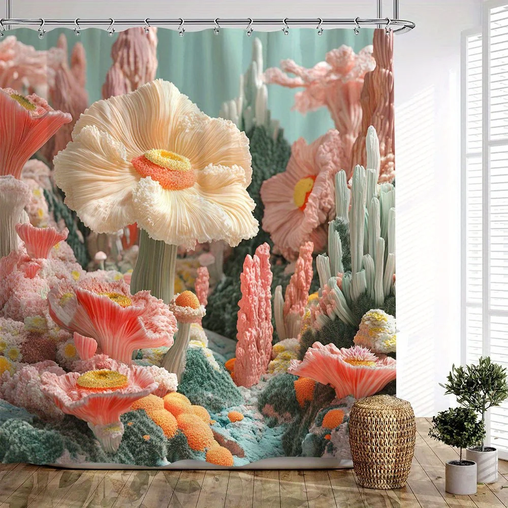 

1 шт. снереалистичная садовая занавеска для ванны — гиперреалистичное цифровое искусство с белыми гофрированными цветами, желто-оранжевыми центрами и розово-красным цветением