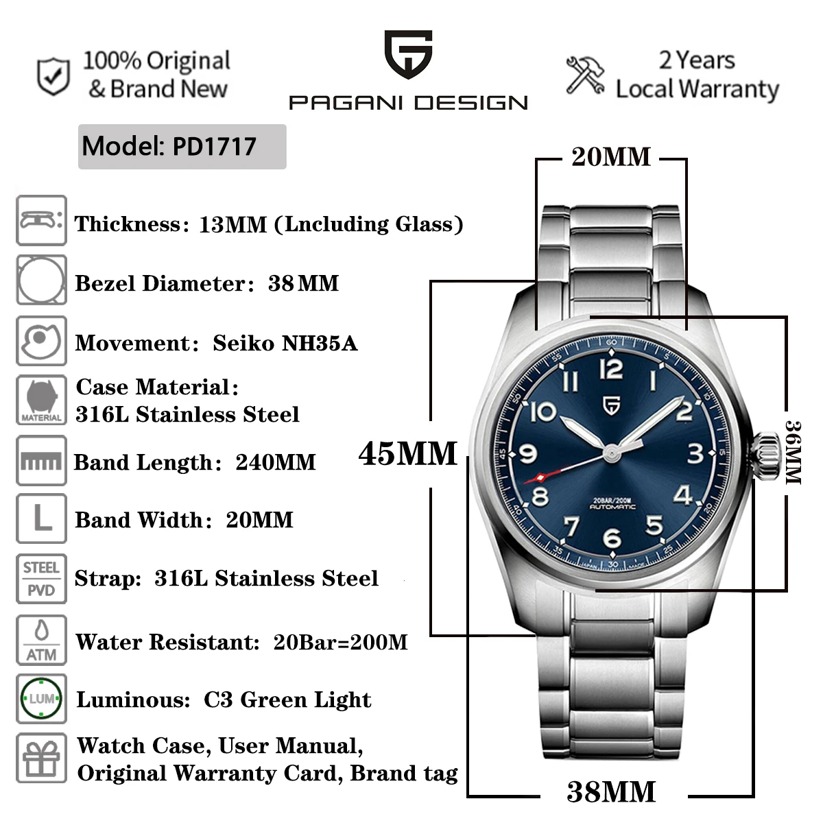 PAGANI DESIGN Luxury Men\'s Automatic Mechanical Watches Top Brand 38MM NH35A Sapphire 200m Waterproof Clock Relogio Masculino