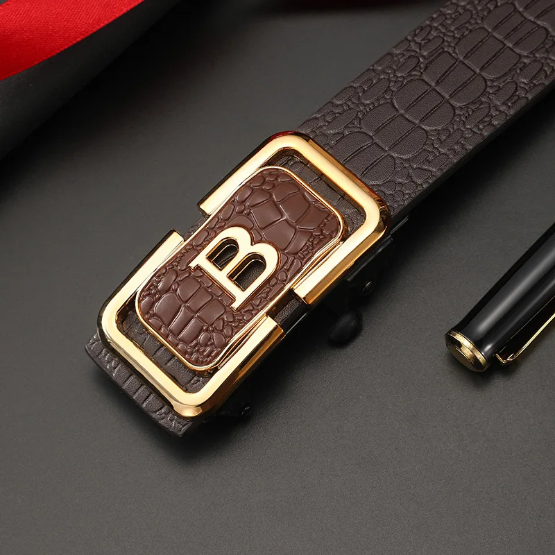 เข็มขัดผู้ชายแบบ B หัวเข็มขัดอัตโนมัติแบบไม่มีฟัน วัสดุ PU สไตล์เรียบง่ายสำหรับธุรกิจ