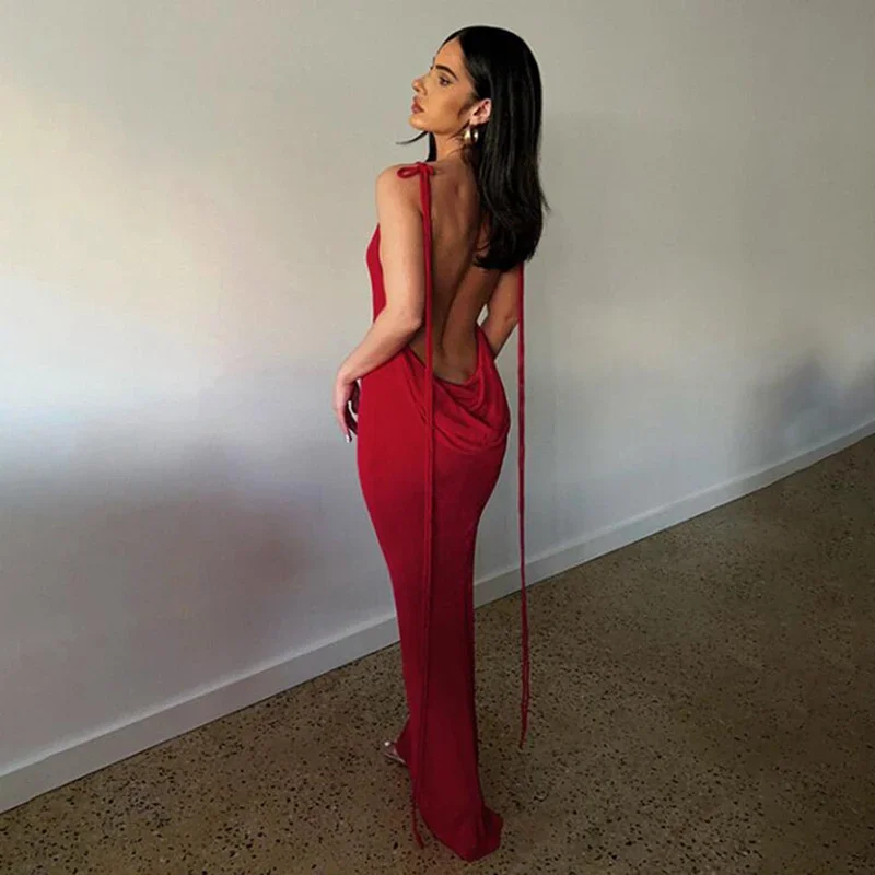 

Sexy Swing Collar Backless Maxi Dress Women Summer 2024 Drawstrings Sleeveless Club Party Prom Dresses Elegant Female Outfits