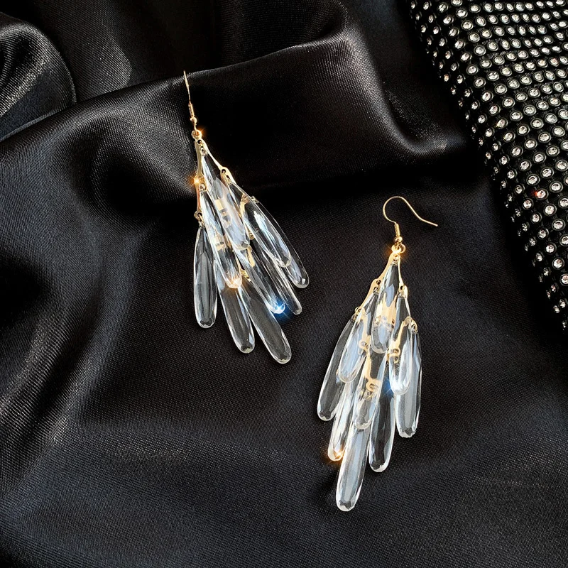 Exaggerated Transparent Waterdrop Earring Crystal Long Tassel Earrings For Women Fashion Dangle Pendientes Party Jewelry Gift