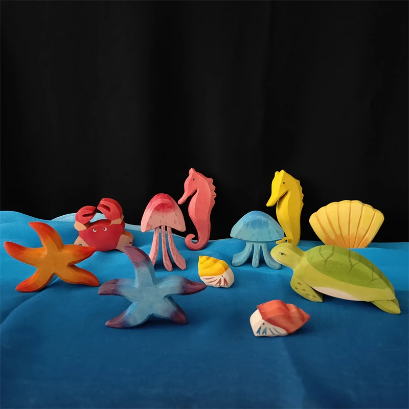 Figure di animali in legno giocattoli per l'apprendimento di animali marini giocattoli per bambini balena pesce sirena figura cognizione giocattoli educativi precoci per bambini