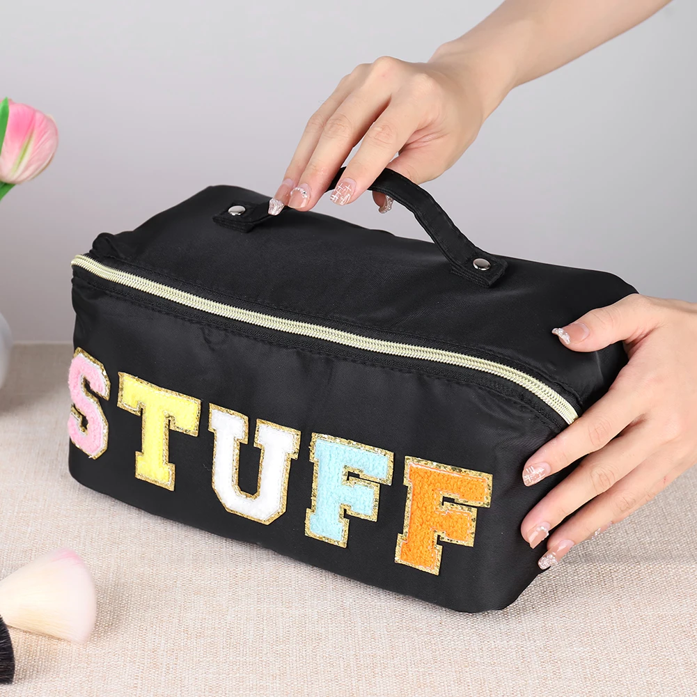 Candy Color Cosmetic Bag Letter Patches Makeup Bag Women\'s Folding Travel Toiletry Kit Women Portable Makeup Organizer Handbags