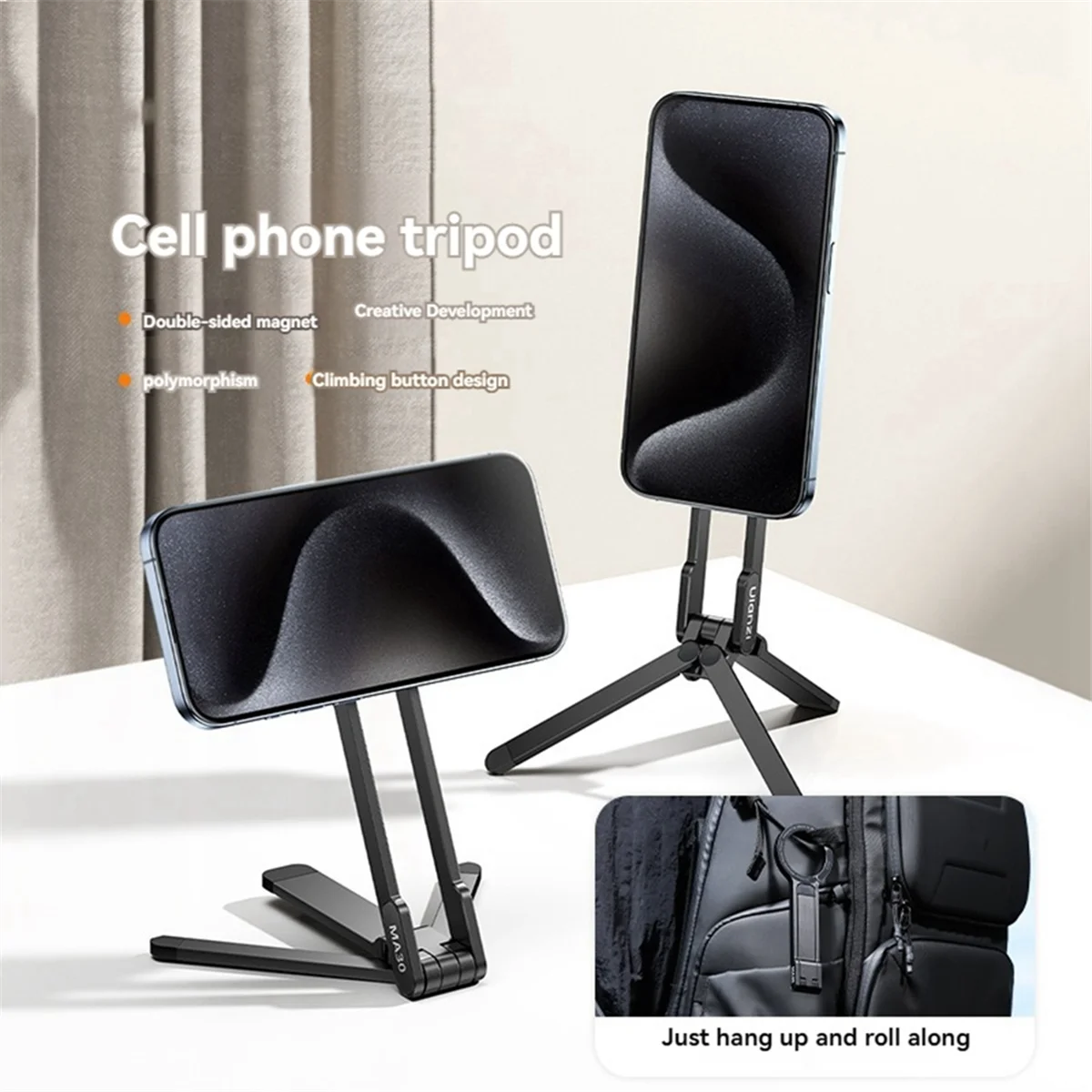 Штатив для телефона MA30 с карабином и заполняющей подсветкой, портативный магнитный держатель для телефона для 16, 15 Pro, черный
