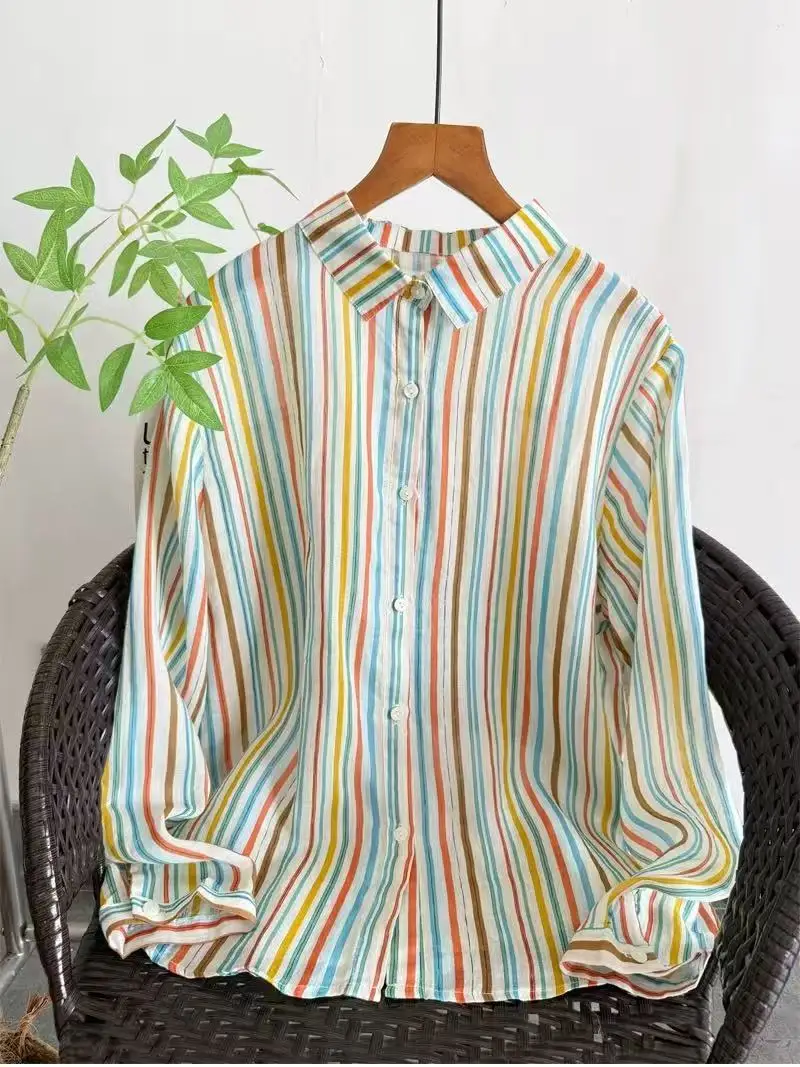 

2026 Women's summer shirt Japanese style 100% ramie colorful striped shirts and blouses for women breathable ladies tops