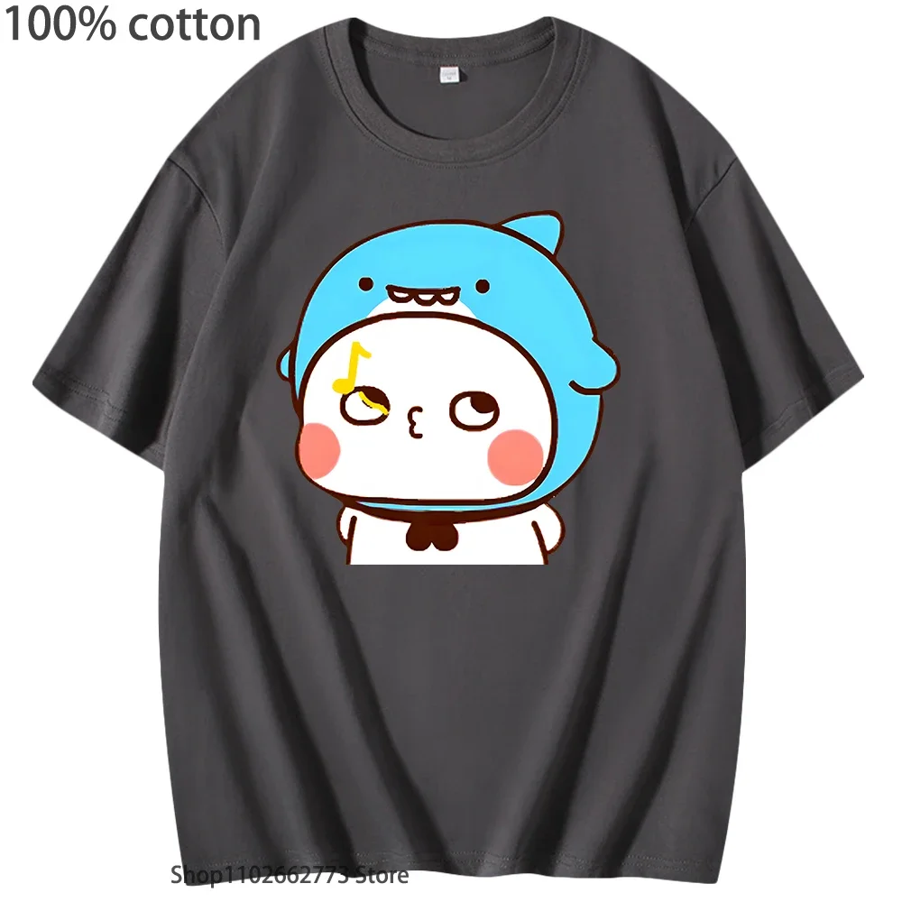 Urocze koszulki z nadrukiem rekina Bubu gwizdającego, ubrania z grafiką pandy, damskie i męskie, kawaii, urocza koszulka, 100% bawełna, odzież, okrągły dekolt, letni top