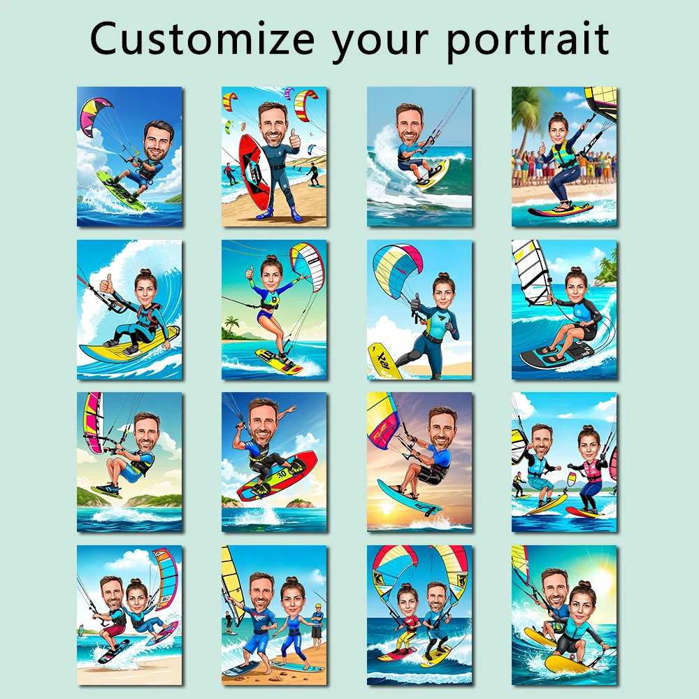 Impresión de Retrato de Jugador de Kitesurf Personalizado, Caricatura de Kitesurfer Personalizada, Lienzo Decorativo para Pared, Decoración del Hogar