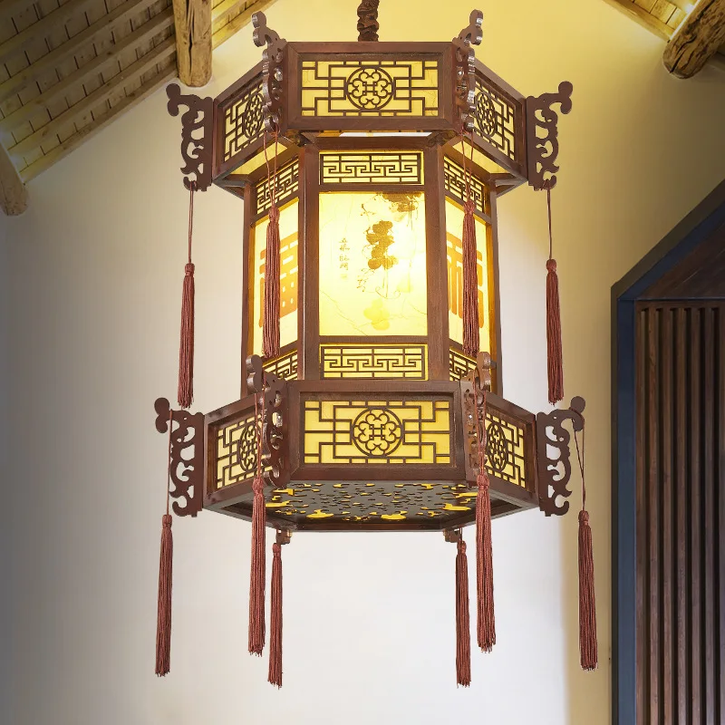 Chinese retro solid wood classical palace lamp promenade teahouse hotel ancestral hall red lantern sheepskin lamp hexagonal door