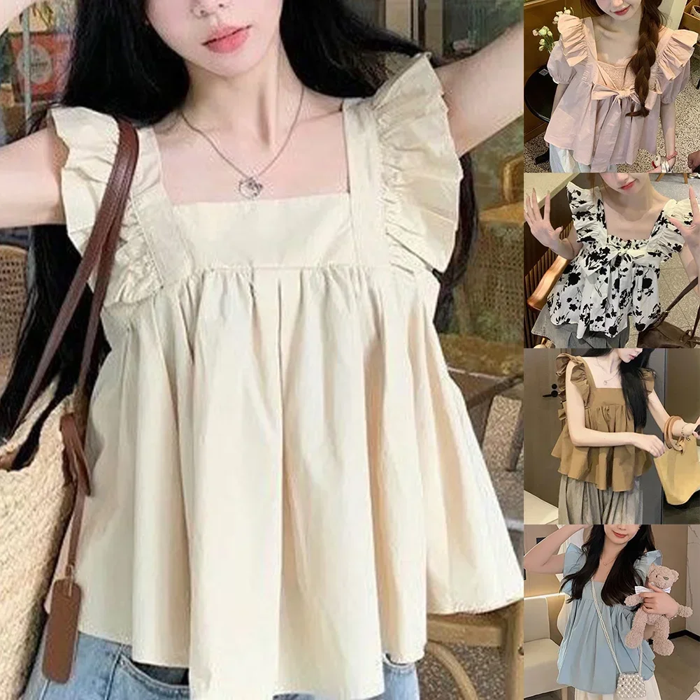 Women's Fashion  Sleeveless Pleated Backless Loose Tops With Bow Back And Sweet Design Korean Square Neck Cute Female T-shirt