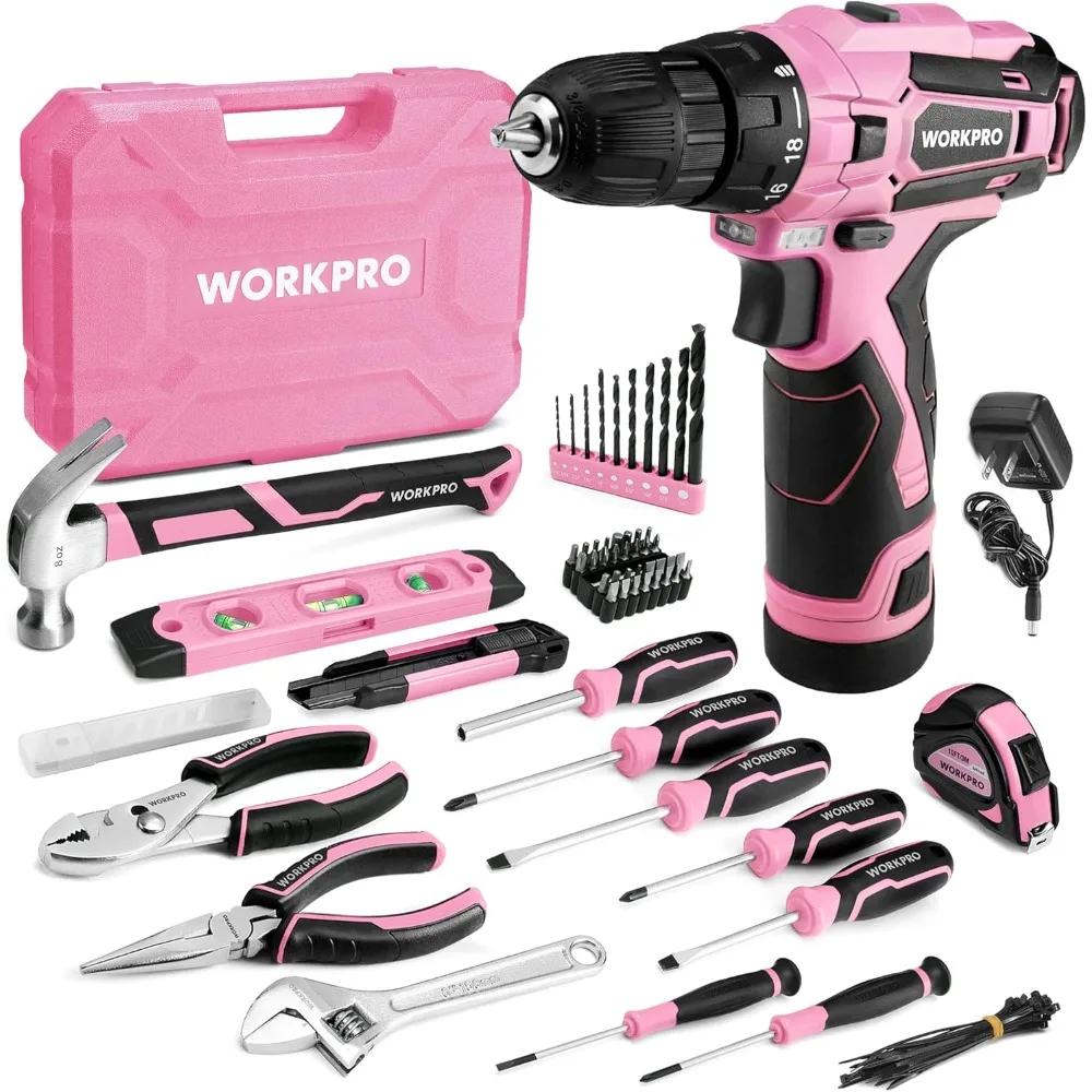

Portable 108-Piece Pink Power Drill Set for Women with Toolbox, Hammer, and 1.5 Ah Battery