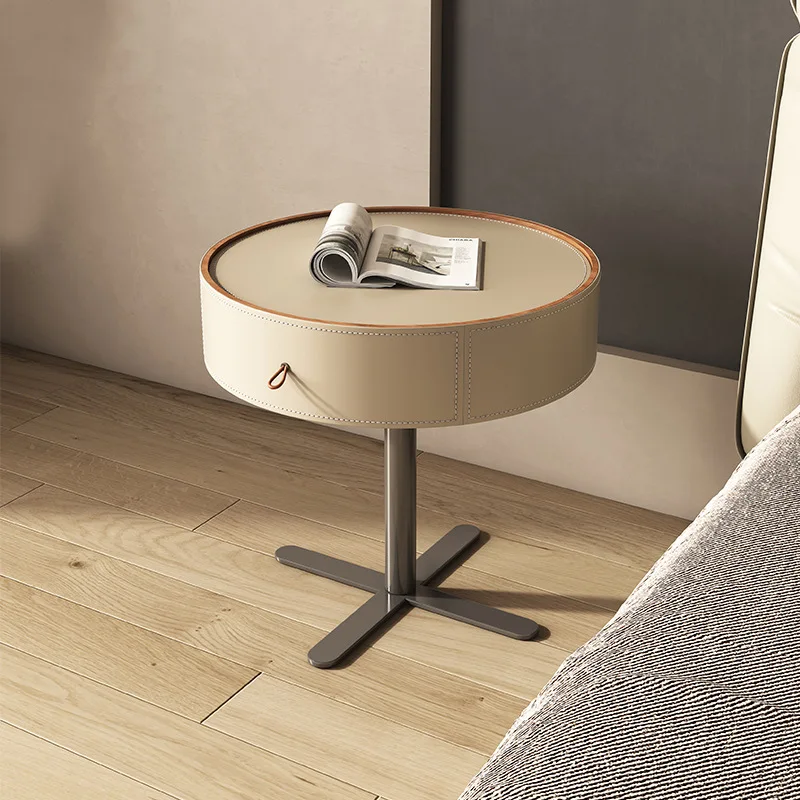 

Minimalist saddle leather bedside table walnut small table side table