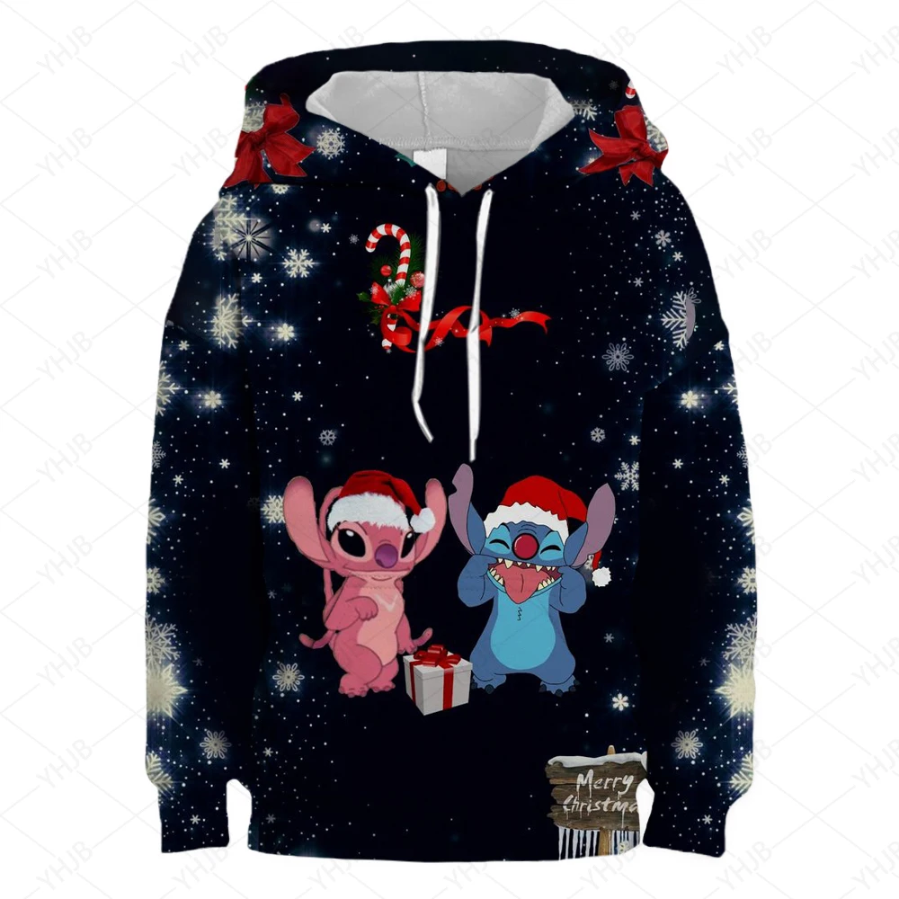 2024 New Disney Children Clothes Stitch Girls Merry Christma Girls Short Sweatshirt Print Pullover Casual Cartoon Girls Top