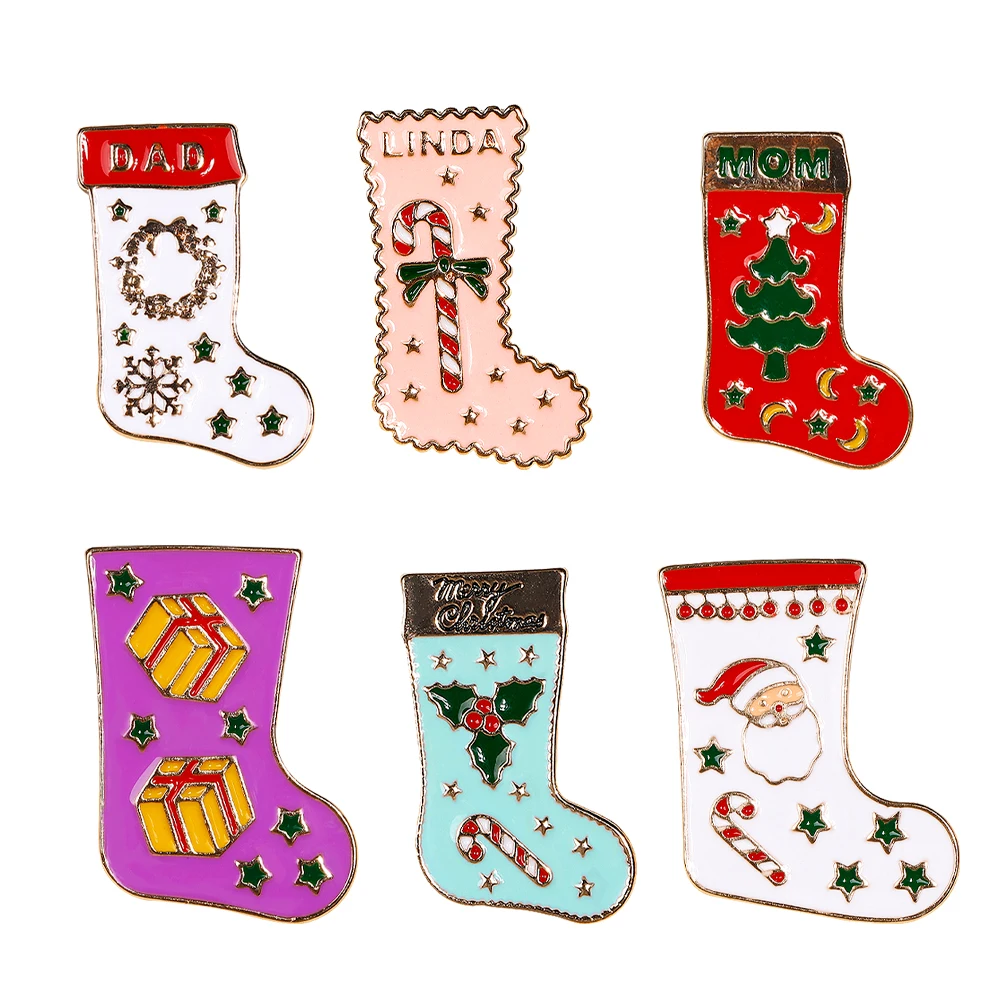 Candy Canes Wreath Santa Claus Tree Snowflake Pattern Stocking Enamel Brooches Christmas Sock Pins For Linda Mom Dad Xmas Gift