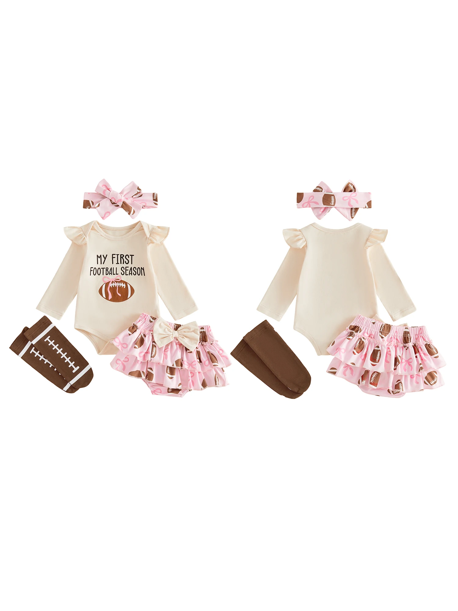 

Adorable Baby Girls Spring Romper Set with Flutter Sleeves Rugby Print Tiered PP Shorts Headband and Socks - Perfect for