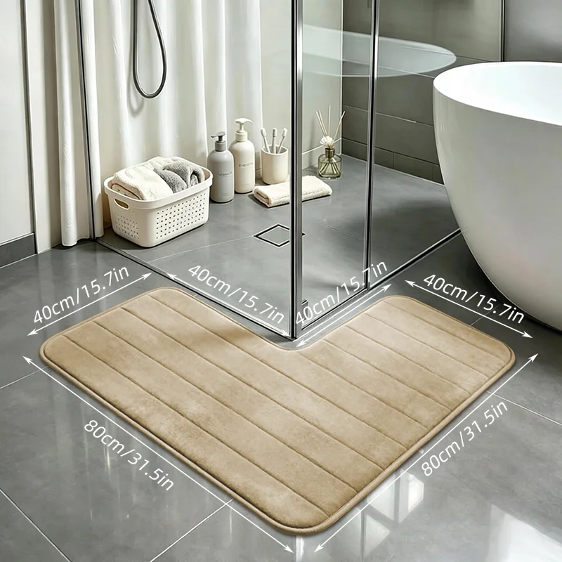 1Pc Bathroom L-Shaped Non-Slip Absorbent Floor Mat, Thick Coral Fleece Quick-Drying Foot Mat, Horizontal Stripe Embossed Design, Suitable for Hotels, Guesthouses, and Home Use, Anti-Slip and Dirt-Resistant Carpet for Bathroom Shower Area