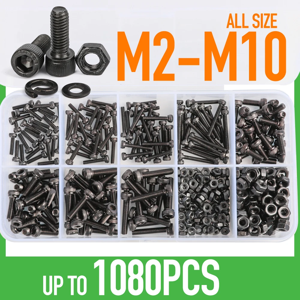 Black Hex Socket Cap Head Screws Kit 30-1080P M2 M2.5 M3 M4 M5 M6 M8 M10 DIN912 12.9 Steel  Allen Machine Screw Assortment Case