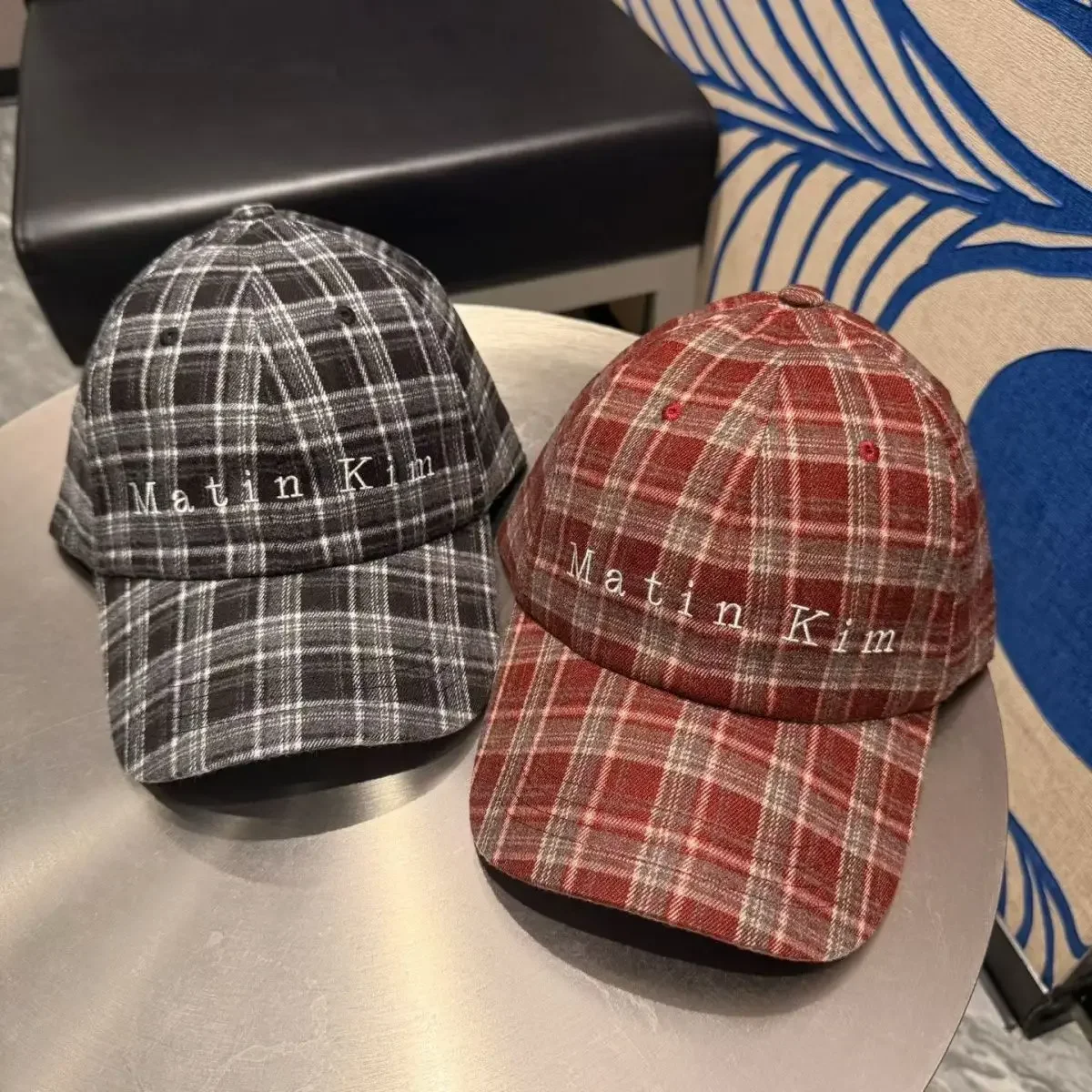 Matin Kim Vintage Soft Crown Ball Cap, Plaid Pattern Logo Washed Cotton Unisex Streetwear