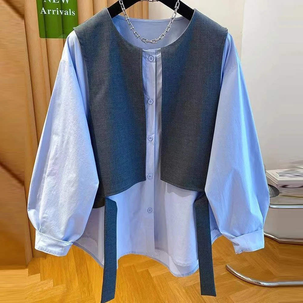 High-end stacking design, suit, vest splicing, white shirt, fake two-piece top, women's 2026 new early spring 4