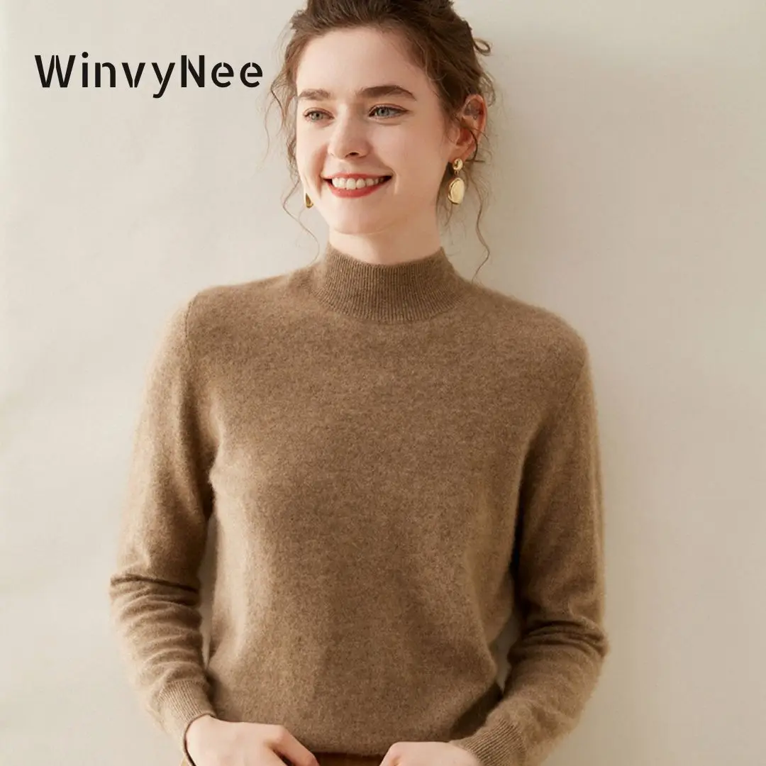 

WinvyNee Women Cashmere Sweater Mock Neck Merino Wool Loose Sweater Solid Knitted Tops Casual Pullover Jumper Autumn A1054002