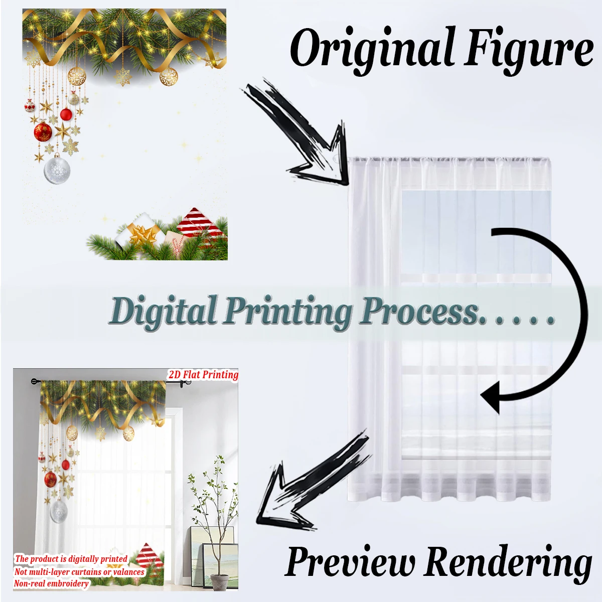 Christmas Flat Printing Sheer Curtain with Christmas Snowflak Ornament Star Gift Box for Living Room Bedroom Decor Holiday Party