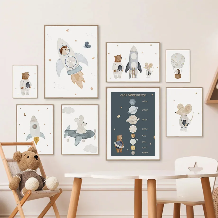 Boho Cartoon Space Astronauts Planet Posters Prints Bear Hedgehog Canvas Painting Wall Art Pictures Baby Kids Room Home Decor
