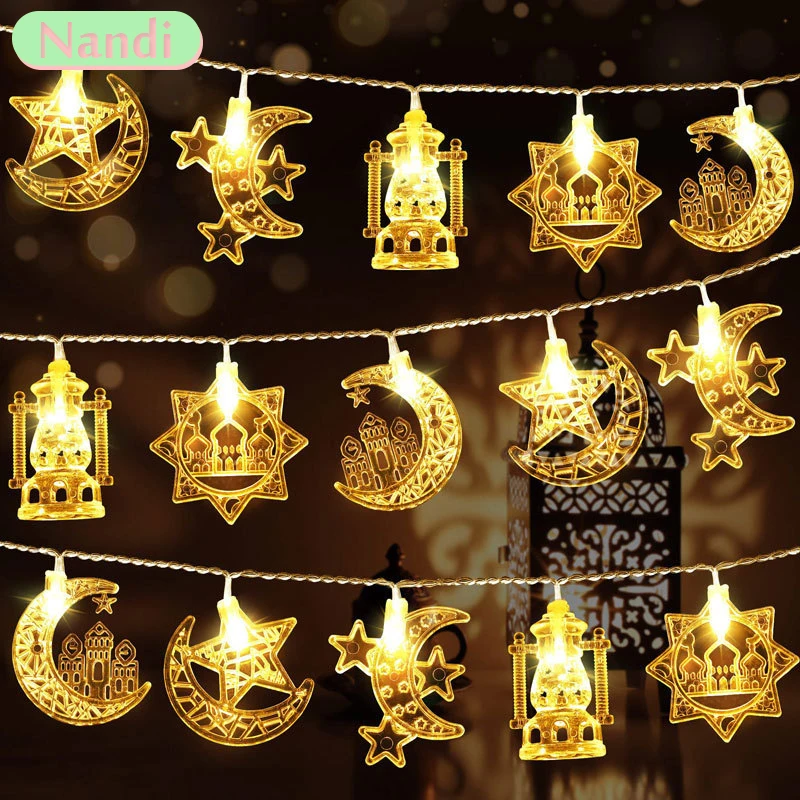 1.5M-3M عيد مبارك LED سلسلة أضواء الإسلام مسلم مهرجان حفلة القمر ستار القلعة فانوس رمضان هدية تزيين المنزل