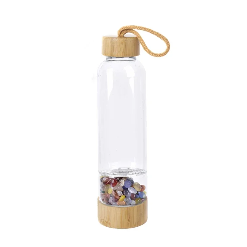 

Natural Crystal Quartz Gravel Gem Healing Glass Energy Elixir Drink Water Bottle Bamboo Glass Gift Cute Water Cup