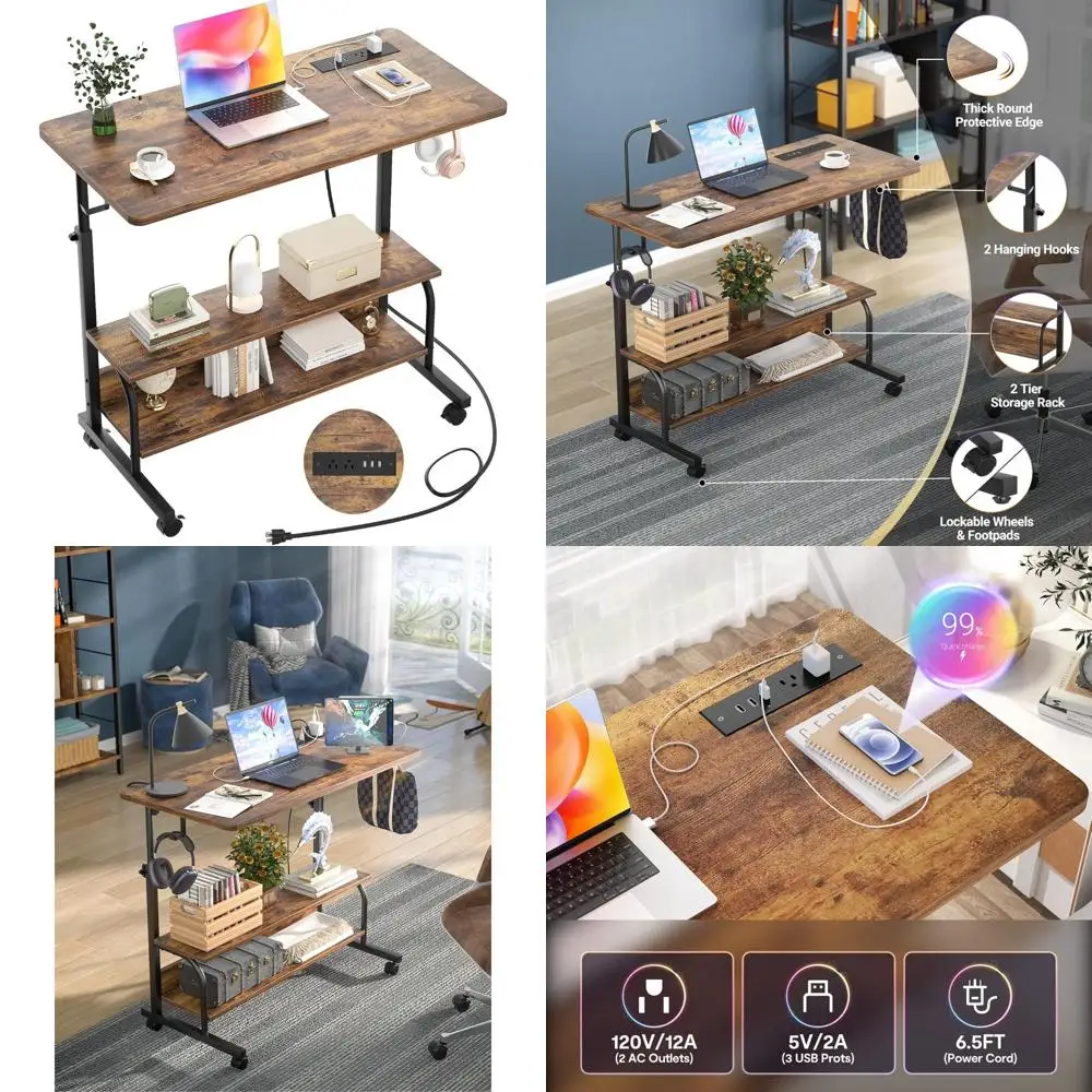 Height-Adjustable Standing Desk with Storage Shelves, 32 Manual Stand-Up Desk, Small Mobile Rolling Computer Desk with Power Out