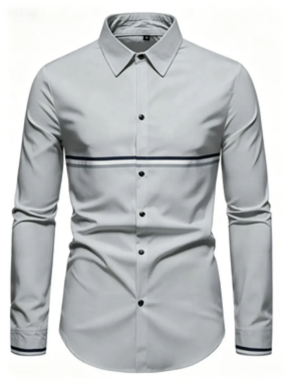 Men's striped printed button up front shirt slim fit long sleeved color blocked white work shirt