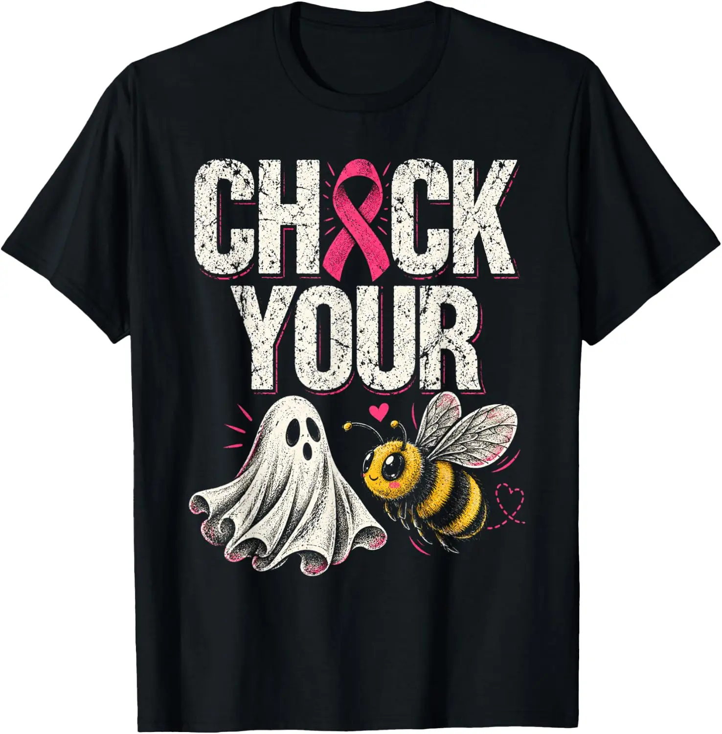 Breast Cancer Awareness Check Your Boo Bees Ghost Halloween T-Shirt Breathable, heavyweight pure cotton short-sleeve top—stylish, plus-size, and suitable for year-round wear with a sporty, casual vibe