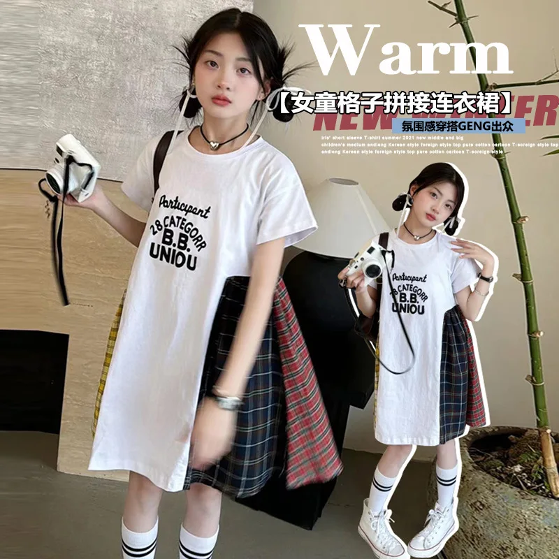 Korean Summer Children Girl Dress Teenager Girl Alphabet Short Sleeve T-shirt Dress School Girl Contrast Plaid One-piece Dress