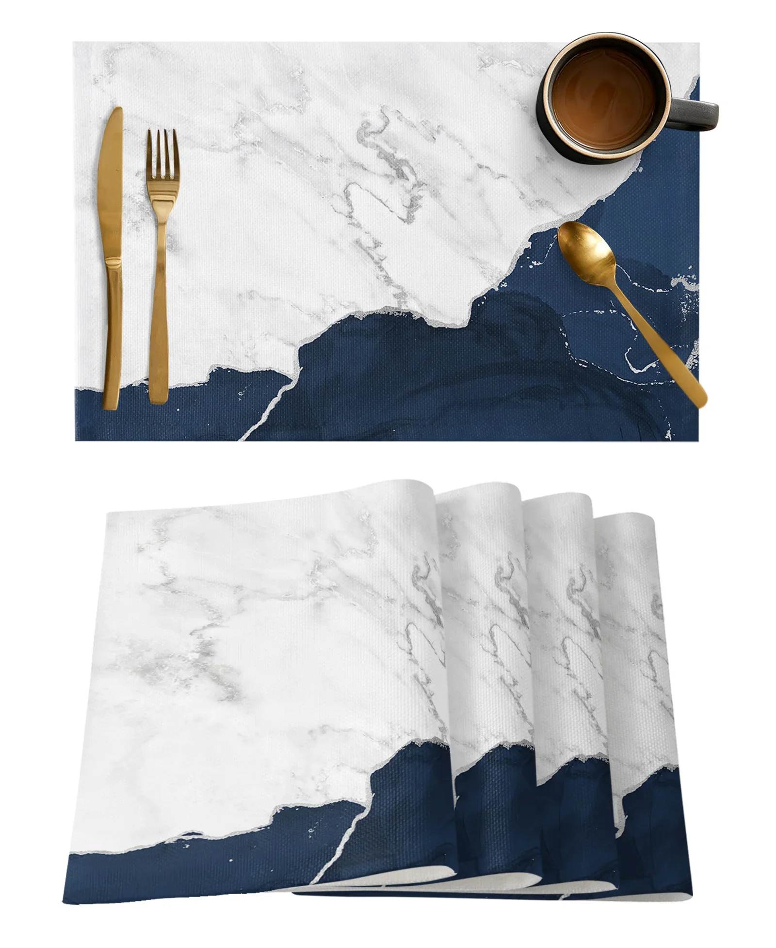 White Marble Silver Plated Navy Blue Dining Placemat Table Tableware Mats Kitchen Dish Mat Pad 4/6pcs Table Mat Home Decoration