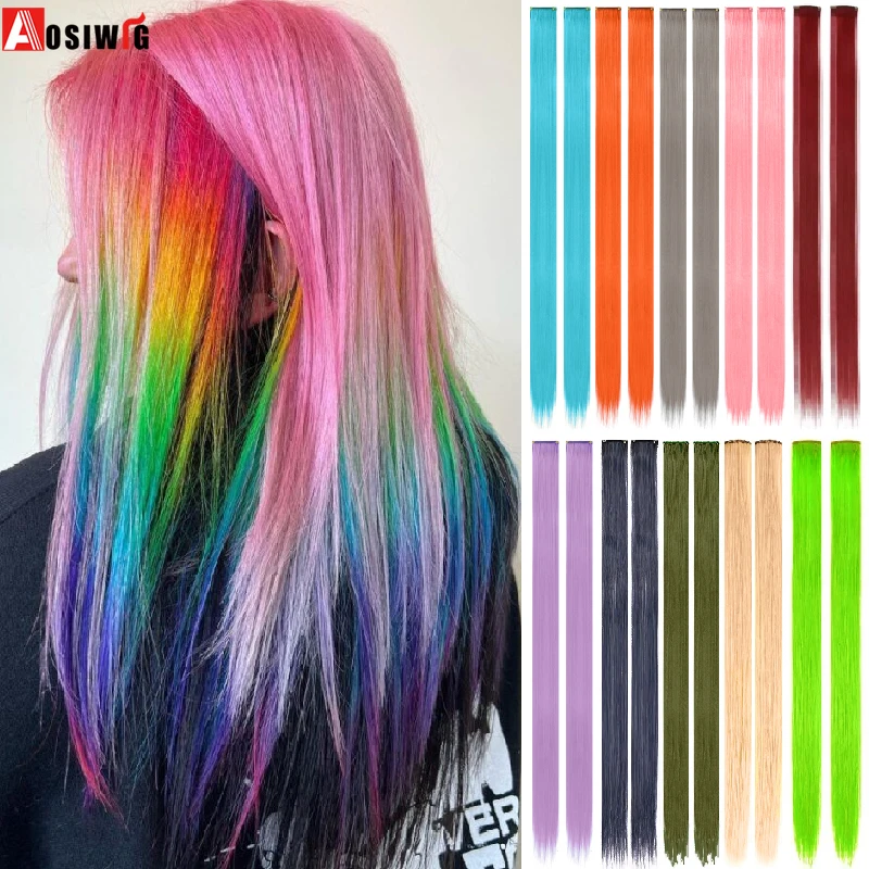

2PCS Clip In Hair Extensions Colorful Party Highlights Straight Rainbow Hairpieces Festival Halloween Cosplay For Women Girls