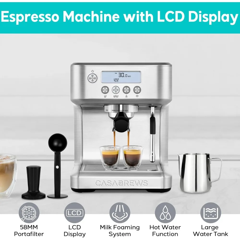 Machine with LCD Display, Barista Cappuccino Maker with Milk Frother Steam Wand, Professional Latte Coffee Machine