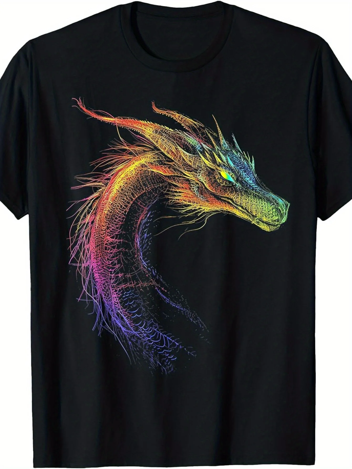 Vintage Rainbow Dragon Art Print T-Shirt for Men, 100% Cotton Casual Tee, Fantasy Creature Streetwear