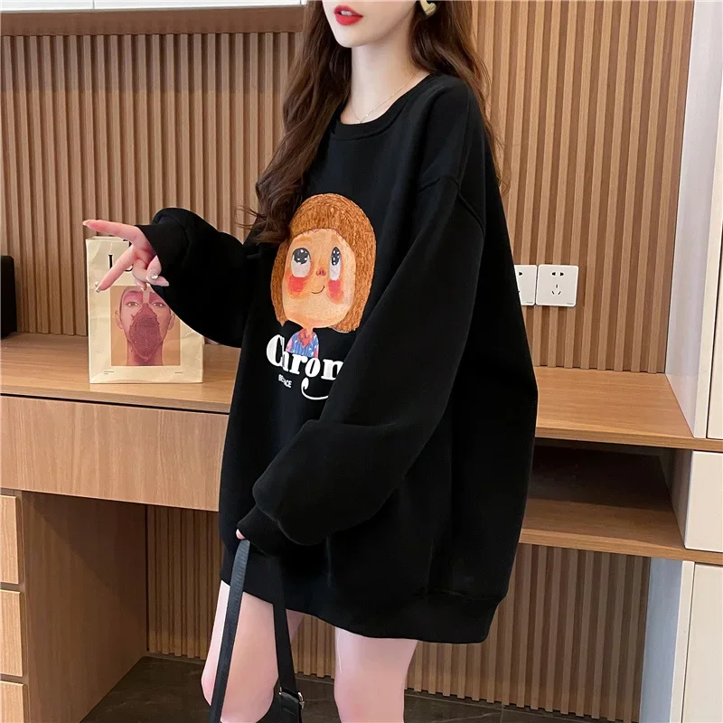 Plus Size Hoodie Retro Printed Pullover Women Loose Slim Added Fleece Sweatshirt Autumn Winter Casual Versatile Long Sleeved Top