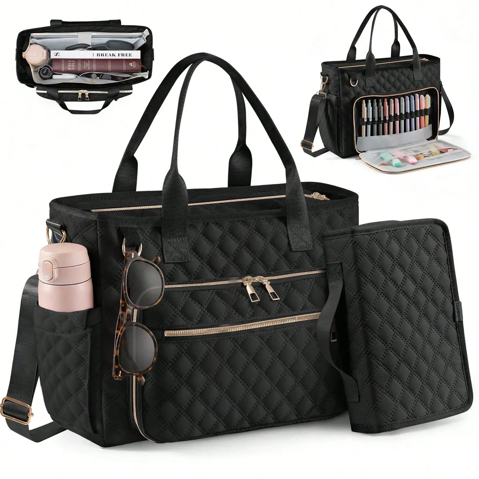 2pcs Large Bible Bag With Bible Cover Case For Women, Quilted Church Tote Bag Bible With Strap, Bible Study Supplies Journaling Kit Bible Accessories Christian Gifts, Portable Christian Book Bag For Church & Bible Study Travel Essentials