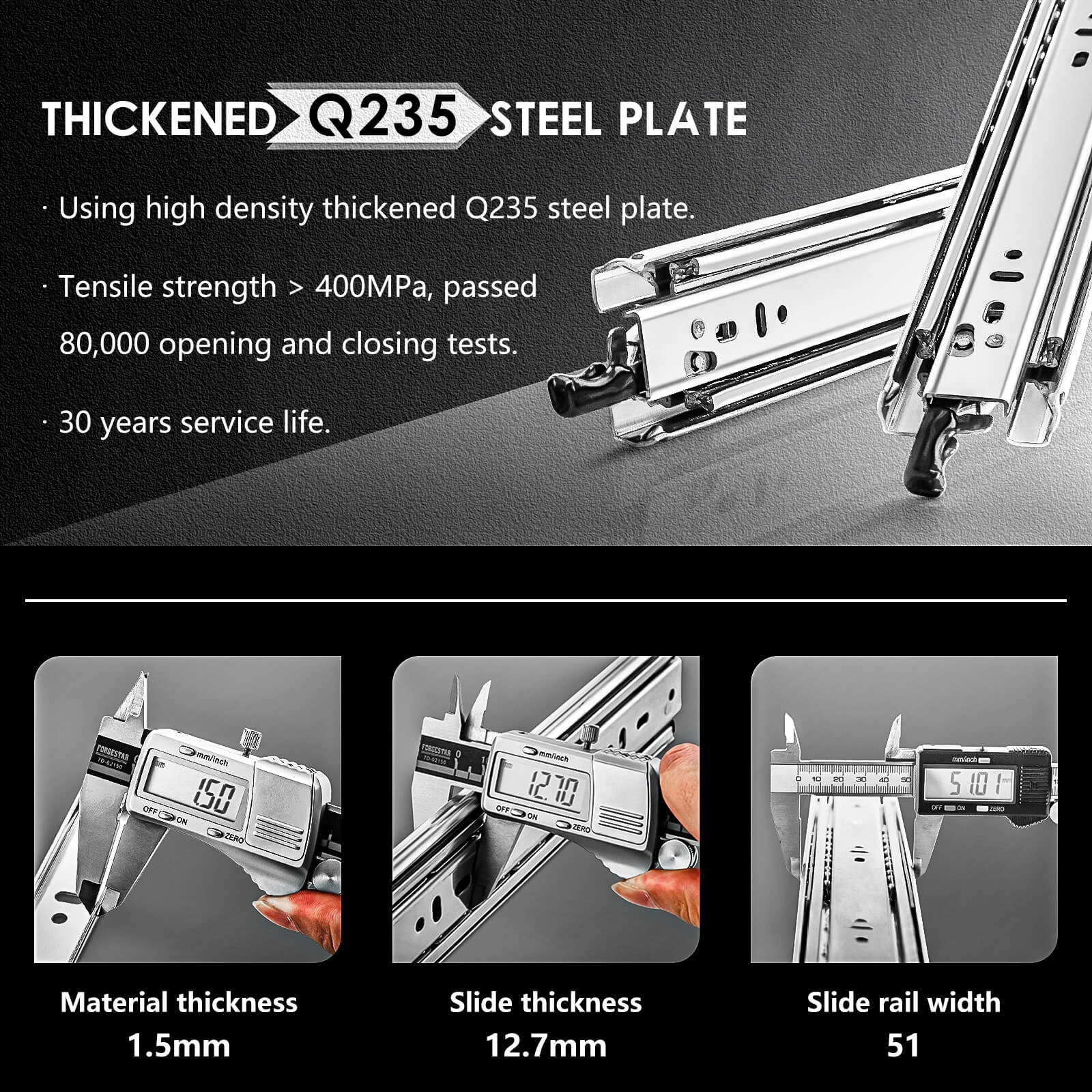 

53mm wide heavy-duty drawer slides with lock, 150-pound load capacity, full-extension ball bearing, side-mounted, suitable RV