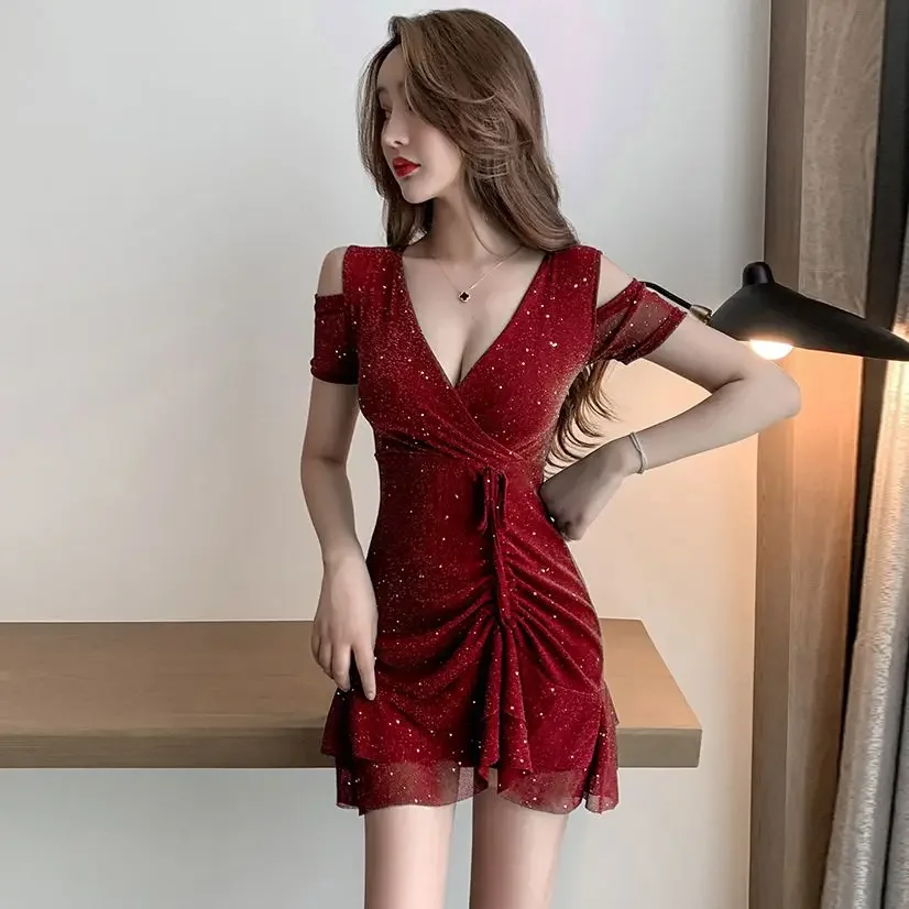 Tight Sequin Short Sleeve Coquette Women's Dresses Sexy Rhinestone Female Dress Bodycon Ruffle Mesh Corset Elastic Harajuku Y2k