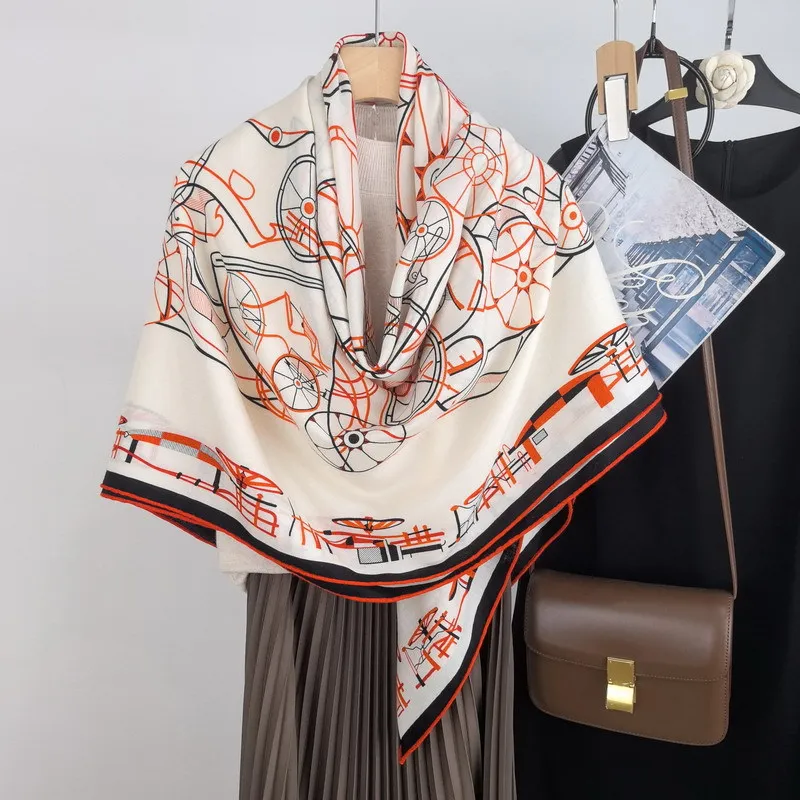Luxury Designers Silk Wool Scarf 135CM Shawls Warm Pashmina Wrap Stole Scarves Hand Rolled Edges Bandanas Horse Print