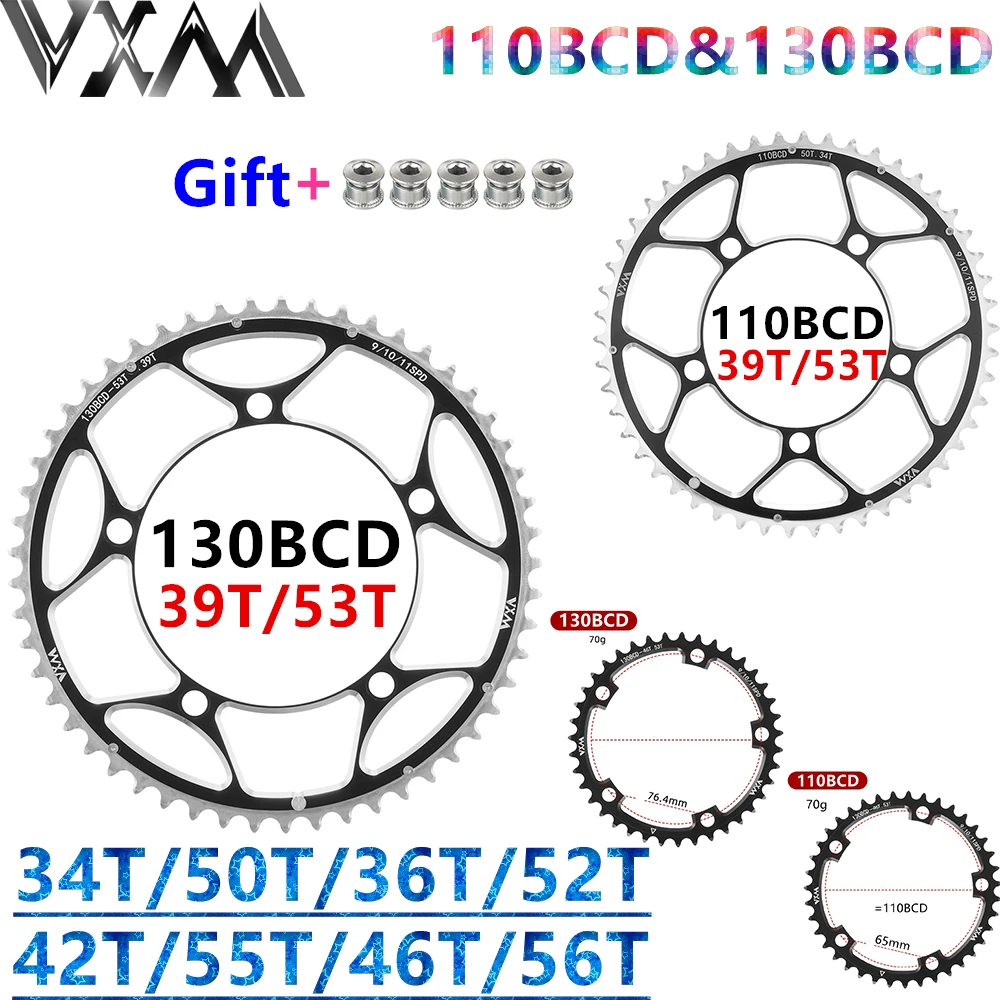 VXM Variable Speed 110BCD&130BCD Double Chain Crank Set Highway Bicycle, 34T-50T 36T-52T 39T-53T 42T-55T-46T-56T sprocket Bike