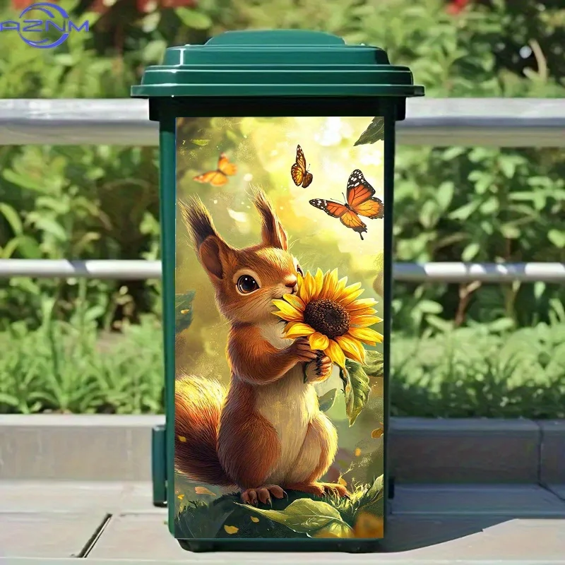Trash Can Sticker - Squirrel Sniffing Sunflower with Butterflies Nature-Themed Design, PVC Self-Adhesive Decal for Trash Cans,