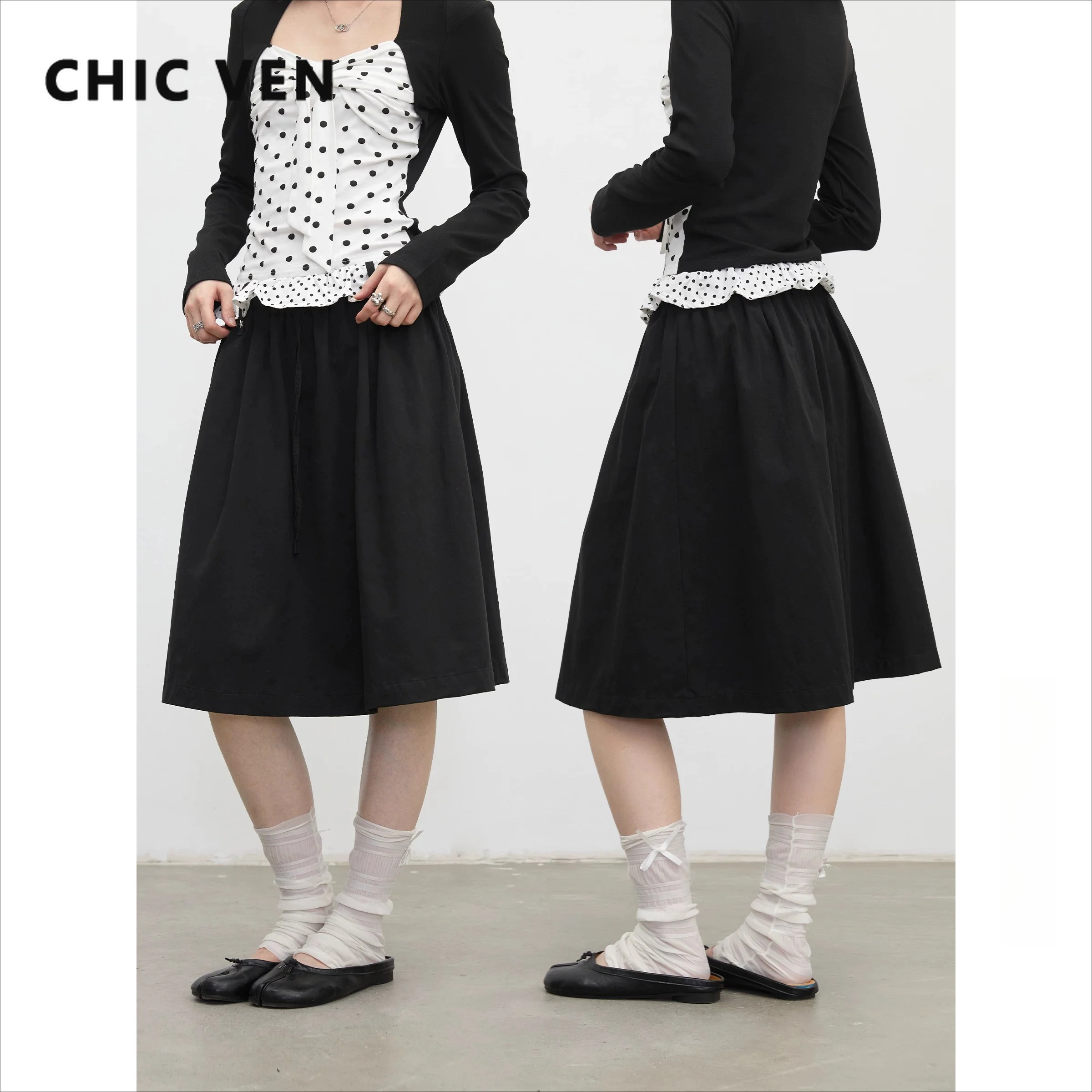 CHIC VEN Women Skirt New High Waisted A-line Contrast Color Drawstring Cotton Mid Length Skirts for Girl Spring Autumn 2026