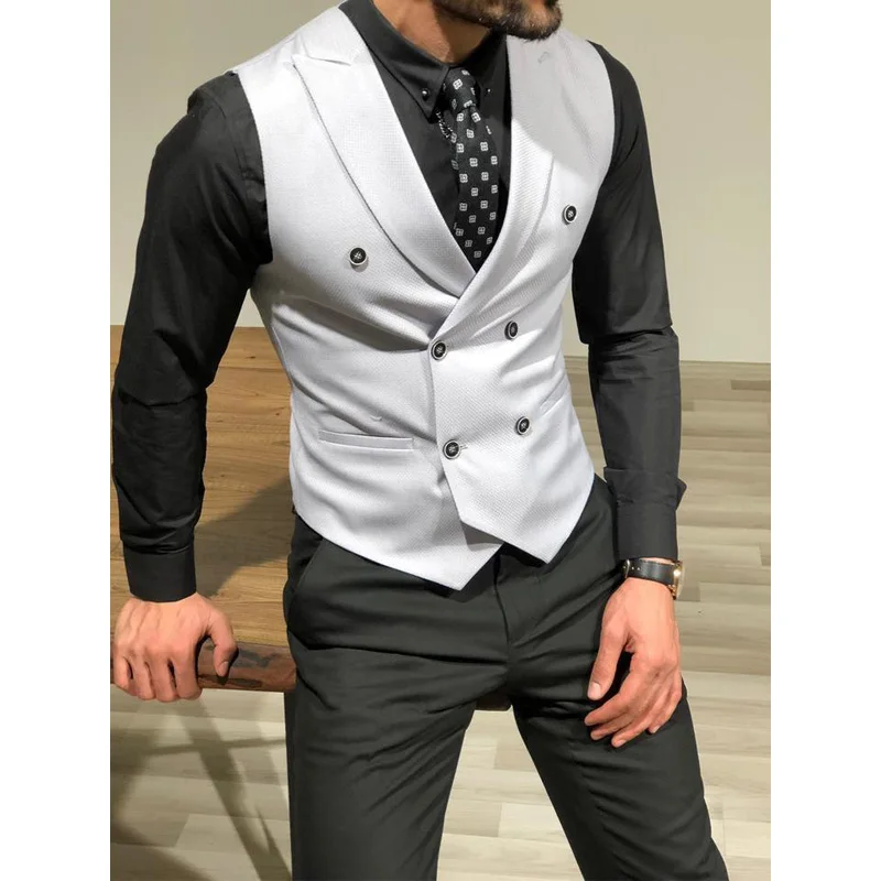 Men\'s Vest Black White Tailored Collar Double Breasted Male Gentleman Business Waistcoat Jacket Casual Slim Fit Gilet Homme Vest