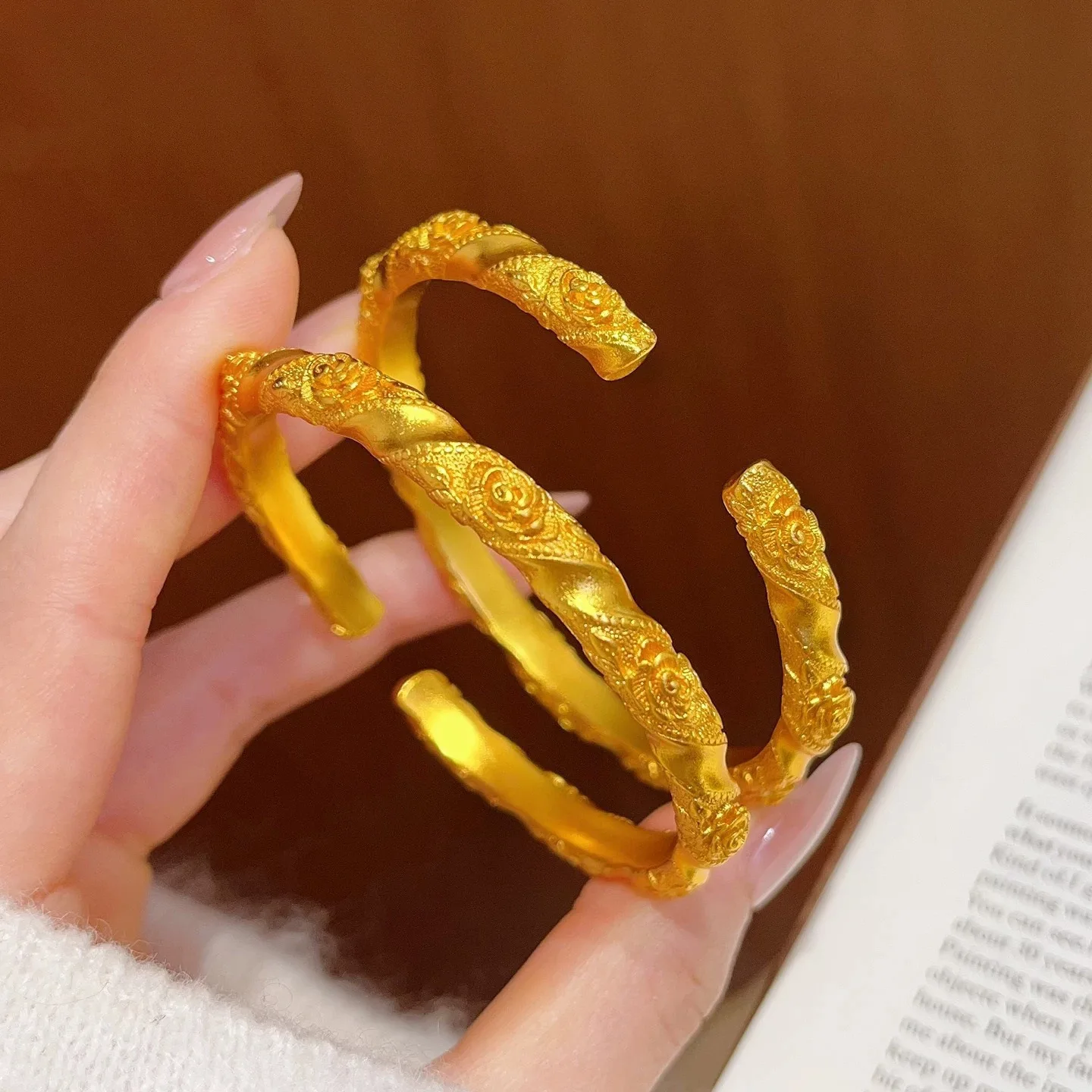 Women's Rose Bracelet Solid Ring Bracelet Luxury 24K 9999 Pure Gold real gold