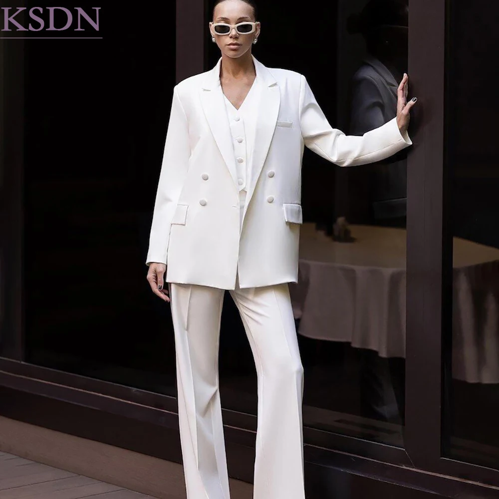 Loose Fit Women's Oversized Suits White Double Breasted Peak Lapel3 Piece Jacket Pants Vest For Busienss Outfits Clothing