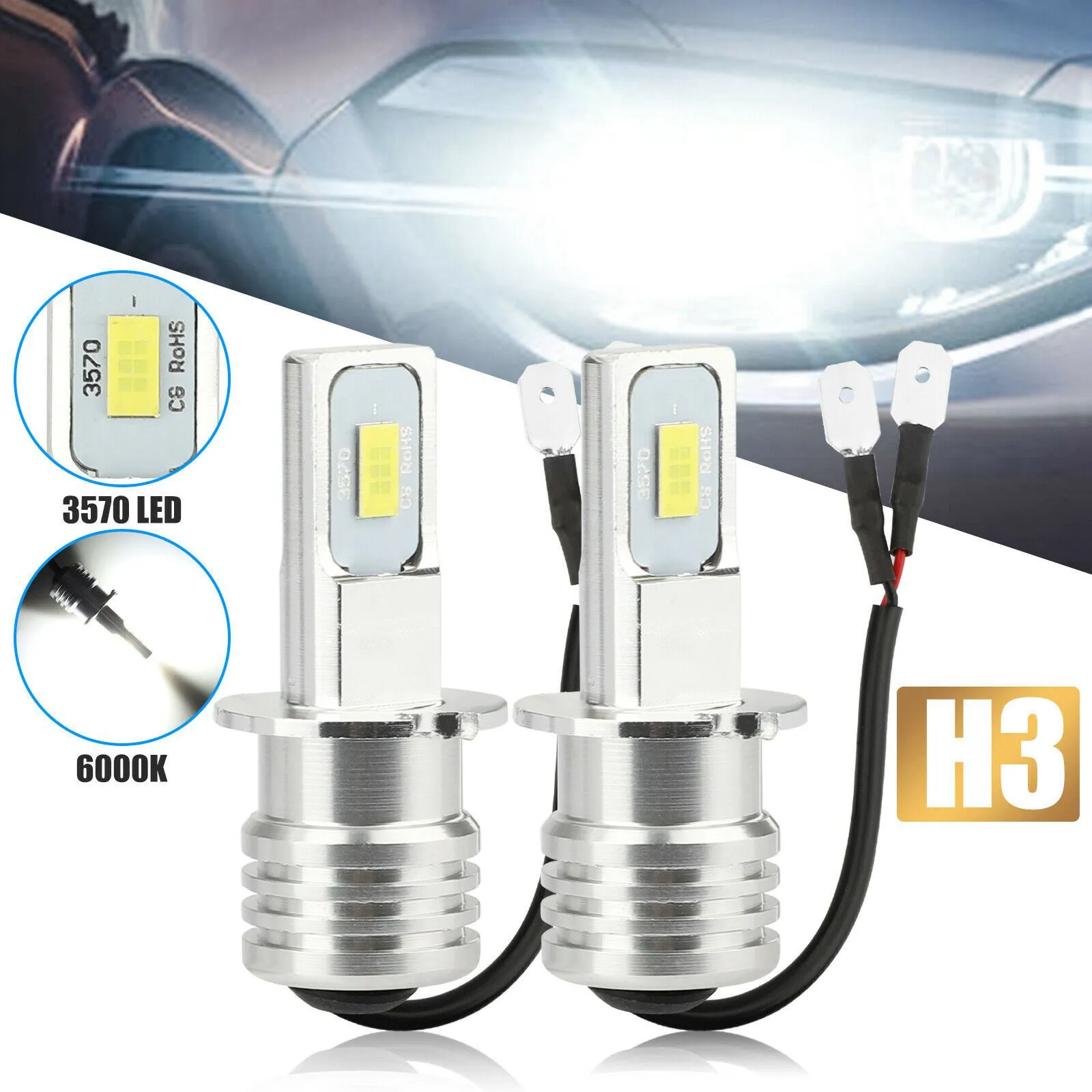 2X H3 Super Bright -LED Headlight Kit 100W 10000LM Fog DRL Bulbs 6000K White